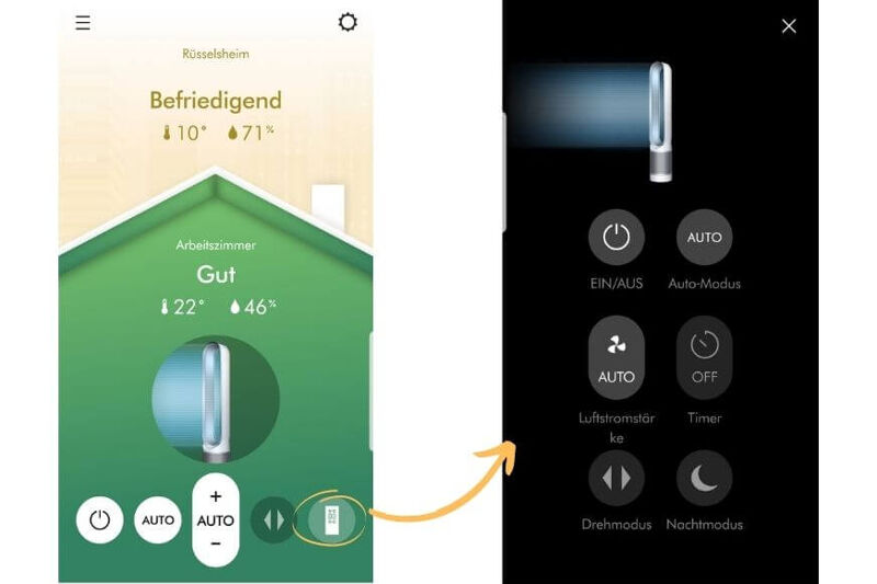 Die Bedienung vom Dyson Pure Cool Link TP02 Luftreiniger in der Dyson Link App